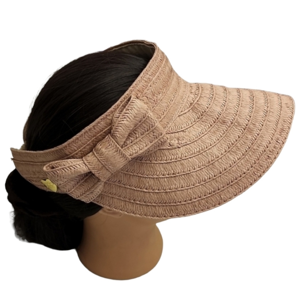 BETSEY JOHNSON Blush Mauve Paper Hat Cabow Cutie Straw Sun Visor Wide Brim - Picture 8 of 16